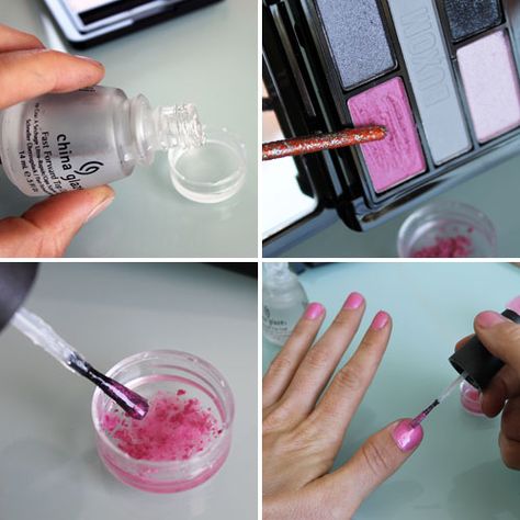 Create a custom shade nail polish by mixing clear polish and eye shadow. I don't know how well this works, but I will definitely give it a try. #nails #nailpolish #DIY Nails With Eyeshadow, Eyeshadow Nail Polish, Nail Polish Hacks, Diy Nail Polish, Clear Nail Polish, Diy Beauty Recipes, Clear Nails, Manicure Y Pedicure, Beauty Recipe