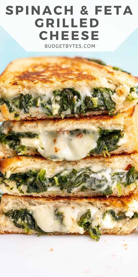 Feta Grilled Cheese, Spinach Grilled Cheese, Handheld Lunch, Sandwiches Grilled, Handheld Food, Grill Sandwich, Easy Mediterranean Diet Recipes, Budget Bytes, Spinach Feta