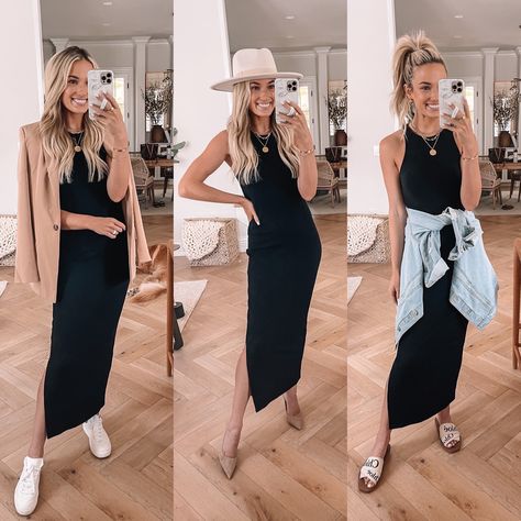 High Neck Sleeveless Dress Outfit, Black Rib Dress Outfits, Long Tank Dress Outfit, Summer Maxi Dress 2023, Casual Black Maxi Dress Outfit, Black Ribbed Dress Outfits, Long Ribbed Dress Outfit, Ribbed Dress Outfit Summer, Black Maxi Dress Fall