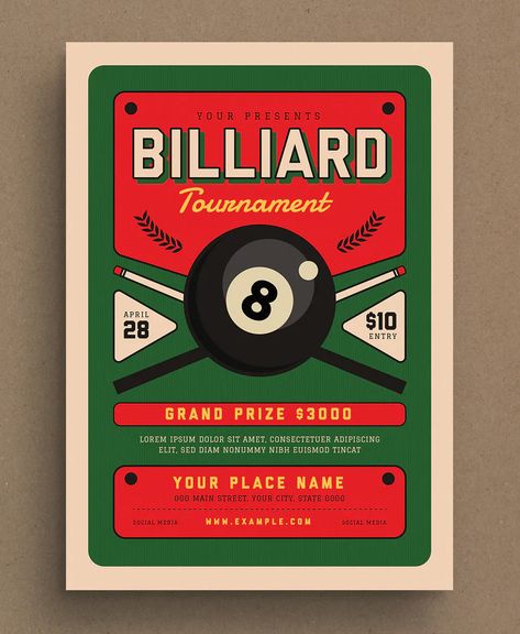 Billiard Night Tournament Event Flyer Template AI, PSD Vibey Wallpapers, Billiard Design, Album Design Layout, Pool Print, 80s Poster, Video Game Room Design, Food Graphic Design, Club Flyers, Event Flyer Templates