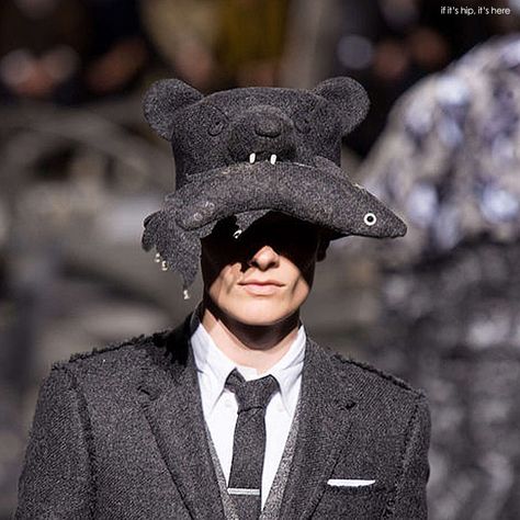 thom browne FW mens hats 23 IIHIH Surreal Fashion, Winter Menswear, Bear Eating, Elephant Hat, Tom Brown, Stephen Jones, Plaid Hats, Mens Hats, High Fashion Photography