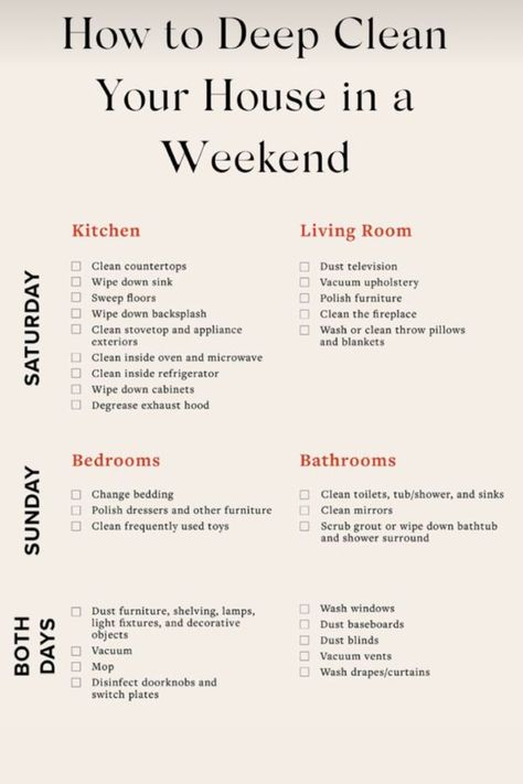 ✨ How to Deep Clean Your House This Weekend ✨ Get your home spotless with this step-by-step guide. From decluttering to scrubbing every corner, transform your space into a clean and organized sanctuary. 🧹✨ #DeepClean #WeekendCleaning #CleanHome #HomeOrganization Deep Clean New House Checklist, Cleaning Schedule Deep Clean, Deep Clean Weekend, Deep Home Cleaning, Deep Clean Before Moving In, Quick Deep Cleaning House, Deep Cleaning Bedroom Tips, Clean House In A Day, Maintaining A Clean House Tips