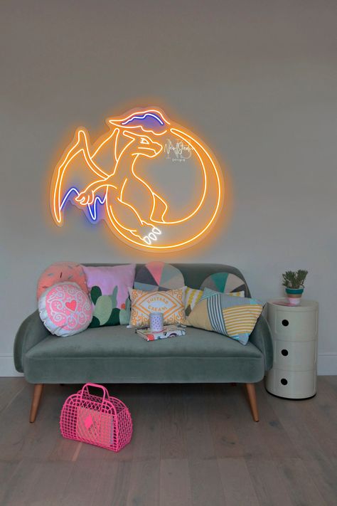 Charizard Bedroom, Subtle Pokemon Decor, Pokemon Living Room, Charizard Party Decorations, Pokémon Game Room, Pokemon Neon Sign, Pokémon Theme Room, Pokemon Bedroom Decor, Kids Pokemon Bedroom