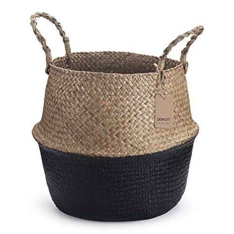 DOKOT Seagrass Belly Basket with Handles Natural Woven Planter Baskets for for Indoor Plants Storage Laundry (Black 8... Declutter Hacks, Lady Decluttered, Shelf Baskets, Grocery Basket, Seagrass Storage Baskets, Elephant Ear Plant, Belly Basket, Blanket Basket, Laundry Baskets