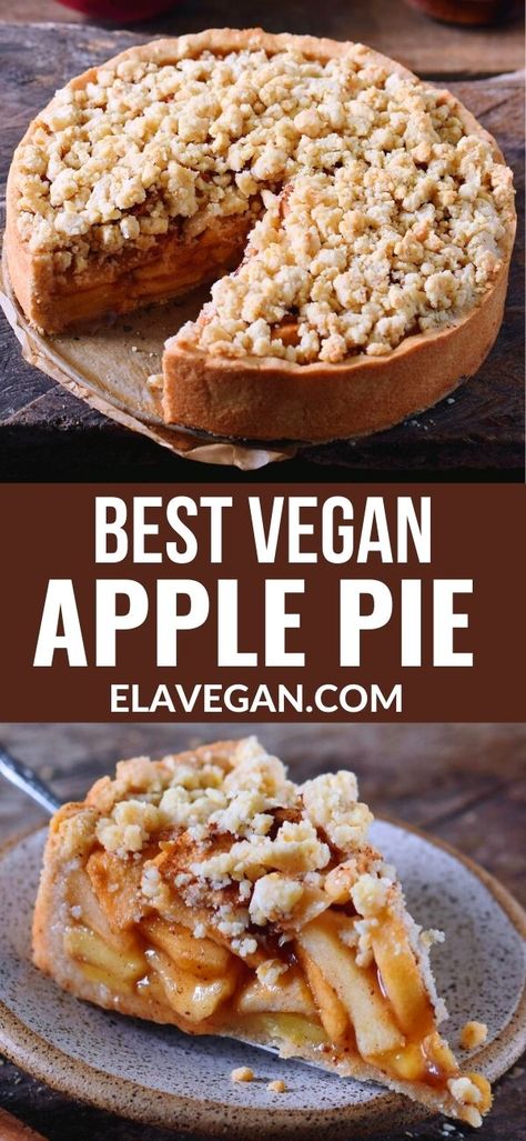 This vegan apple pie with streusel is the perfect fall dessert. It will make your kitchen smell like heaven and sweeten up your day. The recipe is vegan, gluten-free, can be made nut-free and refined sugar-free. Apple Recipes Vegan, Apple Recipes Gluten Free, Vegan Apple Pie Recipe, Vegan Fall Dessert, Sugar Free Apple Pie, Thanksgiving Desserts Apple, Gluten Free Apple Recipes, Vegan Pies Recipes, Gluten Free Easy