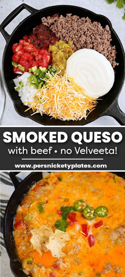 Meaty Queso Dip Crock Pot, Homemade Queso Dip With Meat, Smoked Queso Without Velveeta, Grilled Queso Dip Without Velveeta, Smoker Ground Beef Recipes, No Velveeta Queso Dip, White Queso Dip With Ground Beef, Smoker Queso Dip, Grilled Queso Dip