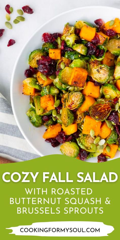 Butternut Squash And Brussel Sprouts Salad, Butternut Squash Brussel Sprout Salad, Roasted Butternut Salad, Whole30 Thanksgiving, Butternut Salad, Salad With Roasted Butternut Squash, Healthy Squash Recipes, Butternut Squash Sweet, Fall Salad