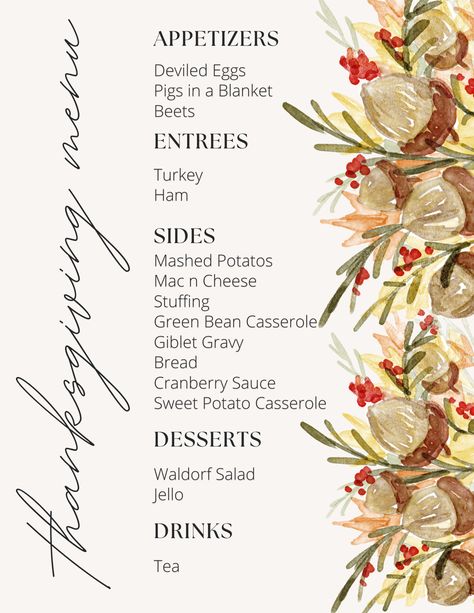 Thanksgiving Food Menu List, Friendsgiving Dinner Menu Ideas, Thanksgiving Menu Board, Thanksgiving Day Itinerary, Low Key Thanksgiving Dinner, Thanksgiving Menu Black People, Friends Giving Food List, Basic Thanksgiving Dinner, Traditional Thanksgiving Dinner List