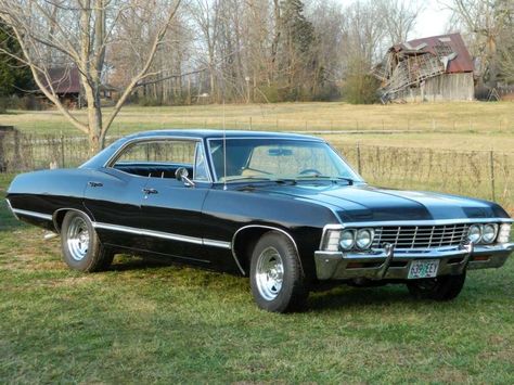 black 1967 Chevy Impala, 327, 4-barrel, V-8 engine, automatic, 4-dr, Hardtop. #Supernatural Chevy Impala 1967, Black Chevy Impala, Truck Humor, Impala Supernatural, Chevrolet Impala 1967, Impala 1967, Supernatural Impala, Impala Chevrolet, 67 Impala