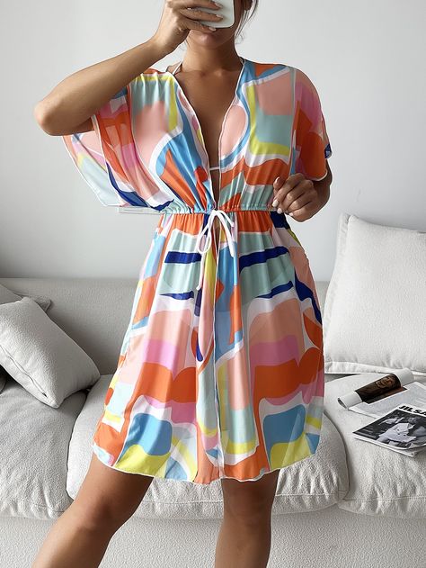 Multicolor  Collar Half Sleeve Fabric All Over Print  Embellished High Stretch  Women Beachwear Vacation Tops For Women, Beach Outfits Women Aesthetic, Outfit Praia, Easy Diy Clothes, Swimming Beach, Fashion Top Outfits, Beachwear Fashion, Chiffon Fashion, Womens Kimono