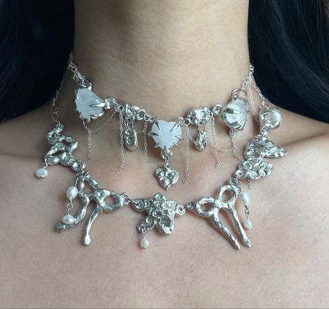 harlot hands Silver Fantasy Necklace With Hand Cast, Silver Maximalist Jewelry, Handmade Gothic Necklace, Maximalist Jewelry Silver, Harlot Hands, Soft Solder Jewelry, Victorian Style Silver Hand-cast Jewelry, Silver Smithing, Aquarius Season