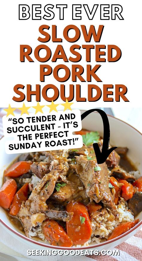 You'll love this pork shoulder roast recipe made in one pot and slow-roasted until it falls apart perfectly! Super tender, flavorful, and braised in a seasoned broth made of white wine, mushrooms, onions, and carrots. It's the perfect Sunday supper to enjoy with the whole family! Bone In Pork Shoulder Roast Recipes Oven, Crockpot Pork Shoulder Roast, Pork Shoulder Roast In Oven, Shoulder Roast Recipes, Pork Shoulder Crock Pot, Pork Shoulder Roast Crock Pot, White Wine Mushrooms, Instant Pot Pork Shoulder, Pork Shoulder Picnic Roast