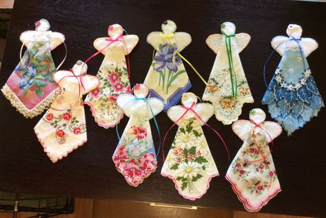 Hanky Angels, from vintage handkerchiefs Angels Made From Handkerchiefs, How To Make Hankie Angels, Handkerchief Angels Ornaments, Hankerchief Angels Diy, Upcycle Handkerchief, Handkerchief Ornaments, Hanky Angels, Hankie Angels, Handkerchief Angels