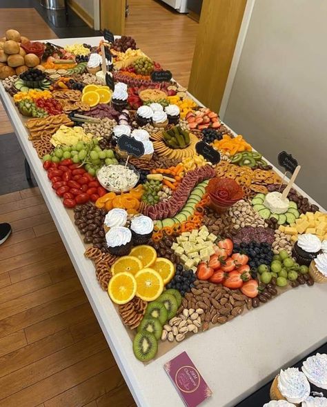 Fruit And Dessert Grazing Table, Charcuterie Board Large Table, Long Table Charcuterie Board, Sharcutary Board, Fruit Charcuterie Table, Massive Charcuterie Board, Fruit Grazing Table, Finger Food Table Ideas, Dessert Grazing Table