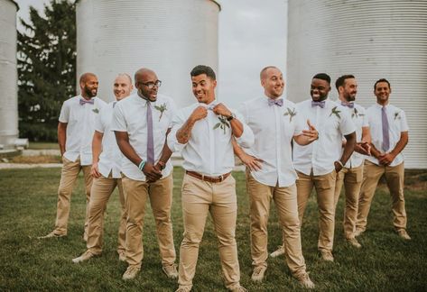 groomsmen style Groomsmen Khaki Pants, Khaki Groom, Groom In Jeans, Rustic Groomsmen Attire, Khaki Wedding, Diy Farm Wedding, Food Elements, Bulk Flowers Online, Groomsmen Style