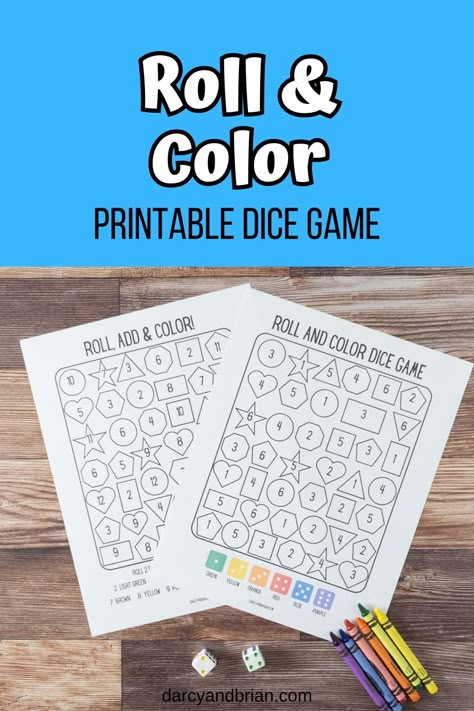 Get your little ones started on math with this exciting roll and color dice game! This free printable activity works on number recognition, subitizing, addition, colors, and shapes. Kids will roll a die (or two!) then find the matching number inside one of 9 shapes and color it in based on the color key. This game is great for preschoolers and kindergartners alike. Plus coloring works on fine motor skills! Download your free printable here now! Roll And Color Shapes, Dice Worksheets Free Printable, Roll And Color Preschool Free Printable, Roll And Cover Preschool Free Printable, Kindergarten Math Games Free Printable, Roll And Dot The Number, Number Games For Kindergarten, Apple Life Cycle Craft, Prek Lessons