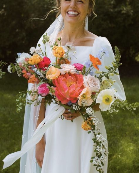 Elopement Flower Bouquet, Colorful Arbor Flowers, Hot Pink And Orange Bridal Bouquet, Simple Bright Wedding Flowers, Bright Florals Bridesmaids, Wildflower Bouquet Colorful, Bright Bridal Bouquet Summer, Sunset Color Wedding Florals, Modern Colorful Wedding Flowers