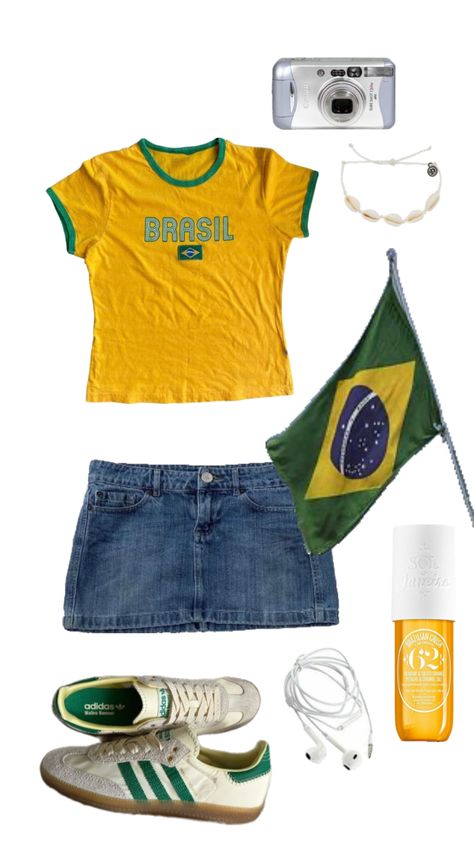 Brazil outfit🇧🇷🌟 comment your country! #brazil #outfitinspo #outfitinspiration #outfitideas #fashion #fitspo #fitinspo #fashioninspo #jeanskirt #vacation #coconutgirl #soldejaneiro #yellow #green Brazil Clothes, Brazil Outfits, Brazil Outfit, Outfit Polyvore, Yellow Outfit, Summer Fits, Cute Fits, Jean Skirt, Summer 2024