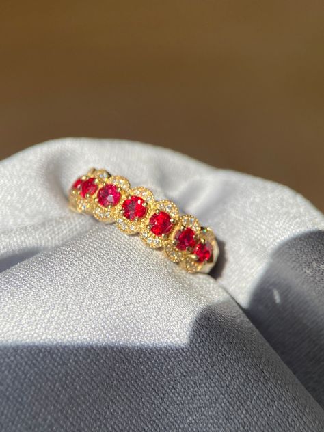 "This ring features eight pieces of earth-mined Burmese Spinel with the most fascinating neon red color. The size 6.75 ring is made of solid 14K gold can be sized up or down for $65 if needed. This item is brand new and was appraised by a gemologist. The certificate will be included and describes the spinel as follows: \"Shape And Cut: Round Brilliant Weight: 0.9 ct Species: Natural Spinel Colour: Vivid Red Transparency: Transparent Luster: Brilliant Refractive Index: 1.718 This item will be sen Red Spinel Ring, Autumn Court, Spinel Jewelry, Faberge Jewelry, Milgrain Ring, Red Spinel, Neon Red, Lace Ring, Spinel Ring