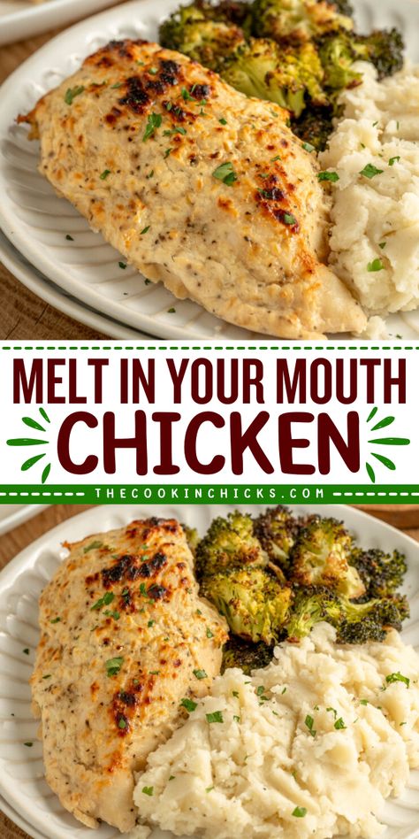 This Melt in your Mouth Chicken recipe comes together using only 6 simple ingredients. Boneless chicken breasts covered in a creamy Parmesan sauce and baked until perfectly juicy and tender! A quick and easy dinner option that is perfect for busy weeknights or lazy weekends! Quicken Chicken Recipes, Main Dishes For Dinner Chicken, Cheap Chicken Recipes Budget, Popular Meals Dinners, Weeknight Chicken Dinner Easy, Easy Chicken Recipes In Oven, Baked Chicken Meal Ideas, Chicken Recipes Baked Easy, Easy Pan Chicken Recipes