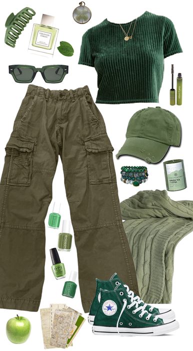 Tomboy Green Outfits, Tmnt Outfits Aesthetic, Cute Dark Green Outfits, Dark Green Pants Outfit Aesthetic, Green Tomboy Outfits, Casual Outfits Layout, Nature Themed Clothes, Girly Tomboy Outfits Summer, Frogcore Aesthetic Outfits