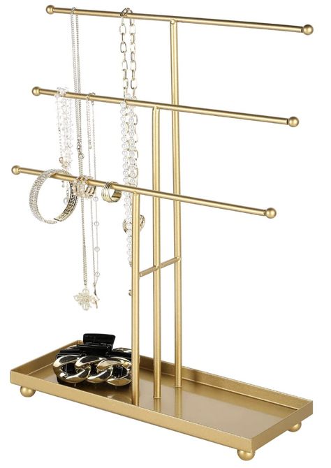 Gold Jewelry Holder, Jelwery Organizers, Jewlwey Organizer, Jewlerie Organization, Jewelry Organizer Aesthetic, Gold Jewelry Stand, Gold Jewelry Organizer, Luxury Baddie, Bracelet Hanger