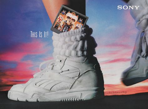 Vintage 90s Sony Music with Sneakers advertisement in Rolling Stones Magazine 90s Advertisements, Sony Aesthetic, 90s Ads, Shoes Magazine, 2000s Posters, Crocs Echo, 90s Shoes, Ad Layout, Shoes Ads