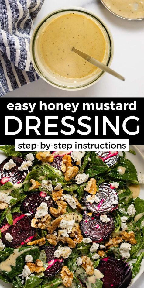 This quick and easy homemade Honey Dijon Dressing takes just minutes to throw together and is loaded with simple ingredients. Better than store bought dressing, this honey mustard will quickly become a family favorite. Healthy Honey Dijon Dressing, Honey Dijon Salad Dressing, Salad With Dijon Mustard Dressing, Honey Dijon Vinaigrette Dressing, Honey Mustard Pasta Salad, Mustard Pasta Salad, Honey Mustard Pasta, Honey Dijon Salad, Mustard Pasta