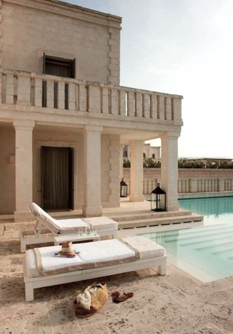 Borgo Egnazia, Puglia. #Borgo #Egnazia #Puglia #Interior #minimalism #interiordesign #monochrome #masseria #lamia #lighting #lifestyle #architecture #pool #sunloungers Borgo Egnazia, Puglia, Vacation Destinations, Wedding Venues, Pool, Interior Design, House Styles, Lifestyle, Architecture