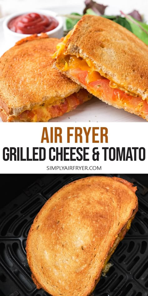 Want to make air fryer grilled cheese and tomato? This classic recipe is ready in no time at all and turns out crispy, melty, and delicious! Air Fryer Grilled Cheese And Tomato, Air Fryer Sandwich Recipes, Cheese And Tomato Sandwich, Air Fryer Grilled Cheese Sandwich, Air Fryer Grilled Cheese, Grilled Cheese With Tomato, Making Grilled Cheese, Cheese And Tomato, Quick Lunch Recipes