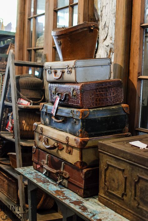 Unique Storage Ideas, Round Top Antiques, Storage Room Organization, Antique Aesthetic, Old Suitcases, Vintage Suitcases, Unique Storage, Vintage Luggage, Wooden Crates