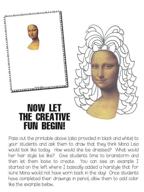 Creative Playground: Masterpiece Monday: Art 101 If Mona Lisa Were Alive Today Modern Mona Lisa, Mona Lisa Art, Zantangle Art, Art Sub Lessons, Art Sub Plans, Art Handouts, Art 101, Creative Playground, 4th Grade Art