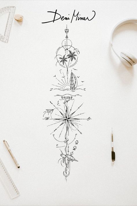 Ocean and compass tattoo set - These travel tattoos with palm tree and turtle are delicate line drawings by a Slovak artist Deni Minar. These elegant artworks were created as tattoo inspiration for travel lovers and explorers! Click on this pin to download a small tattoo design from Deni's ETSY store! This post is about - Tattoo art, beautiful tattoo, travel tattoo, tattoo for women, beach tattoo, compass tattoo, ocean art, nature lovers. Beach Inspired Tattoos, Small Tattoo Design, Beachy Tattoos, A Small Tattoo, Compass Tattoo Design, Palm Tattoos, Beach Tattoo, Delicate Tattoo, Hand Tattoos For Women