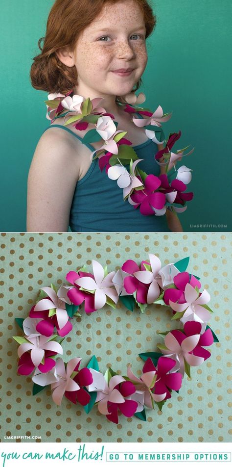 #FlowerLei #PaperFlower #Tropical pattern and tutorial at www.LiaGriffith.com Paper Flower Lei, Flower Necklace Diy, Flower Lei, Fiesta Tropical, Paper Plants, Crepe Paper Flowers, Small White Flowers, Necklace Flower, Paper Flower Tutorial