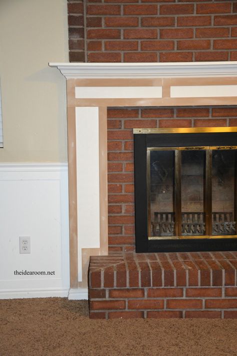 DIY-Fireplace Add Surround To Brick Fireplace, Adding A Mantle To A Brick Fireplace, Mantle Ideas Fireplace, Fireplace Surround Diy, Adding A Fireplace, Brick Fireplace Decor, Den Remodel, Diy Mantle, Diy Fireplace Mantle