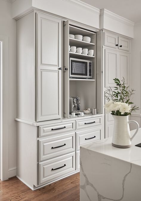 Built In Coffee Bar, Kitchen Coffee Bar Ideas, Gray Shaker Cabinets, White Kitchen Cabinet, Kitchen Coffee Bar, Coffee Cabinet, Coffee Bar Ideas, Coffee Bar Station, Coffee Stations