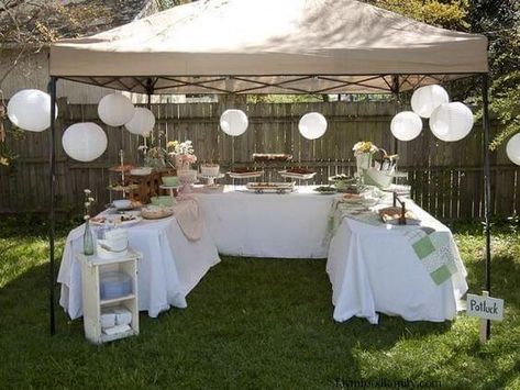 25+ Awesome DIY Backyard Birthday Party Ideas For Adults, Kids (2022) Arranging Food For Party, Party Layout Tables, Backyard Surprise Birthday Party, Outdoor Food Tent Ideas, Backyard Party Dessert Table, Tables Set Up For Party, Outdoor Buffet Ideas, White And Gold Backyard Party, How To Set Up Backyard For Party