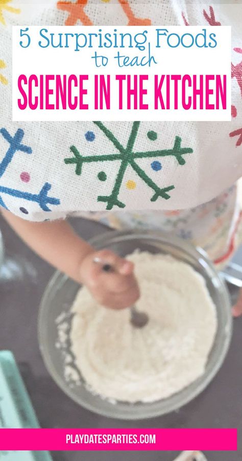 Teachable cooking moments go beyond baking! Get your kids excited about learning with these 5 surprising foods that teach science in the kitchen. http://playdatesparties.com/2016/07/foods-teach-science-in-the-kitchen.html Kitchen Chemistry, Preschool Cooking, Cooking With Toddlers, Cooking Theme, Cooking In The Classroom, Kitchen Science, Kids Cooking Recipes, Baking Science, Cooking Classes For Kids