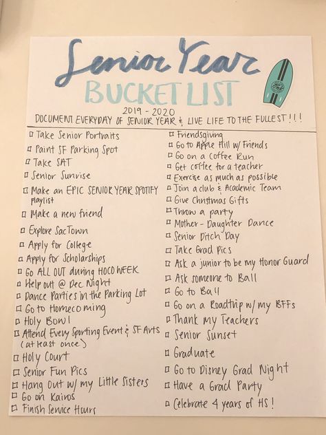 Things To Do During Senior Year, Senior Bucket List Ideas, Senior Year Checklist Things To Do, Senior Fun Day Ideas, Last Day Of School Ideas High School, Senior Ditch Day Ideas, Fun Senior Year Activities, Senior Memory Ideas, Senior Bucket List High School