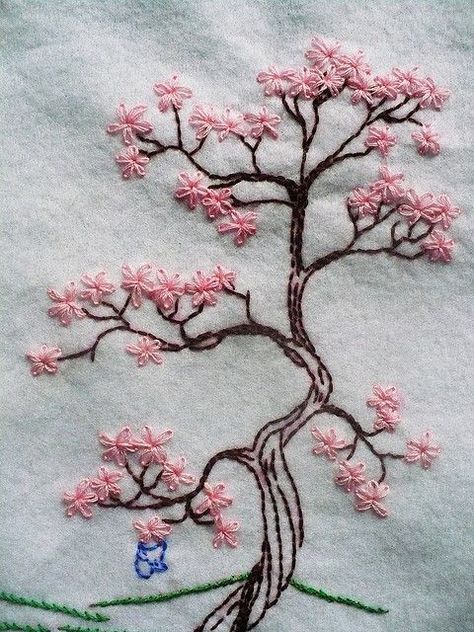 cherry blossom tree embroidery Embroidered Tree, Sulaman Pita, Pola Bordir, Diy Broderie, Pola Sulam, Brazilian Embroidery, Japanese Embroidery, 자수 디자인, Silk Ribbon Embroidery