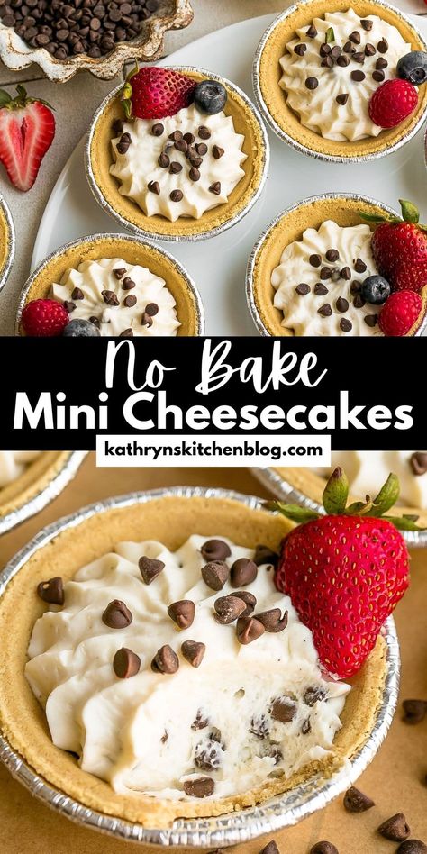 No Bake Mini Cheesecakes - Kathryn's Kitchen Mini Pies With Graham Cracker Crust, Mini Graham Cracker Crust Recipes, Mini No Bake Cheesecake Recipes, Mini Cheesecake Recipes Easy, Mini Cheesecakes No Bake, No Bake Mini Cheesecake, No Bake Mini Cheesecakes, Easy Mini Cheesecake Recipe, Mini No Bake Cheesecake