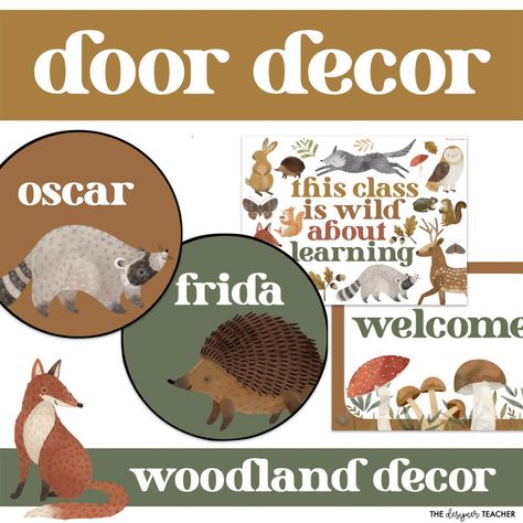 Welcome your students with this easy & adorable woodland theme door decor kit. Just type student names on the cards using the editable file, and then print, cut, and attach to your door or bulletin board. Here's what you'll get: * 8 circle name card designs * "this class is wild about learning" sign and "welcome" sign & banner * mushroom, tree, and leaf designs for added embellishment * editable Powerpoint file to add student names or any text you like Please note that this is a completely DIGITAL item. This download includes zip files, PDFs, and a Powerpoint file. No physical item will be shipped to you. When printing, be sure to select "scale to fit" or similar to ensure your pages print correctly. Copyright ⓒ The Designer Teacher All rights reserved by author. For single classroom/indiv Back To School Classroom Door, Toddler Classroom Decorations, Wild About Learning, Woodland Classroom, Forest Classroom, Classroom Door Decor, Circle Name, Back To School Classroom, Woodland Animals Theme