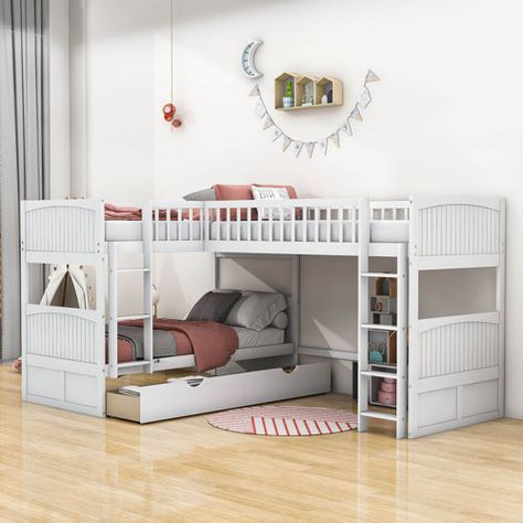 Latitude Run® Abigel Twin L-Shaped Bunk Bed by Latitude Run® | Wayfair Bunk Beds For Girls Room Small Spaces, L Shaped Bunk Beds, Futon Bunk Bed, Triple Bunk Beds, White Bunk Beds, Triple Bunk Bed, Twin Over Twin Bunk Bed, Twin Size Loft Bed, Twin Over Full Bunk Bed