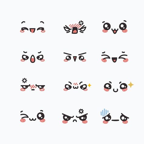 Cute Expressions Faces, Kawaii Faces Facial Expressions, Kawaii Shapes, Cute Faces To Draw, Chibi Expression, Kawaii Expressions, Beginner Nail Art, Doodle Faces, Kawaii Emotes