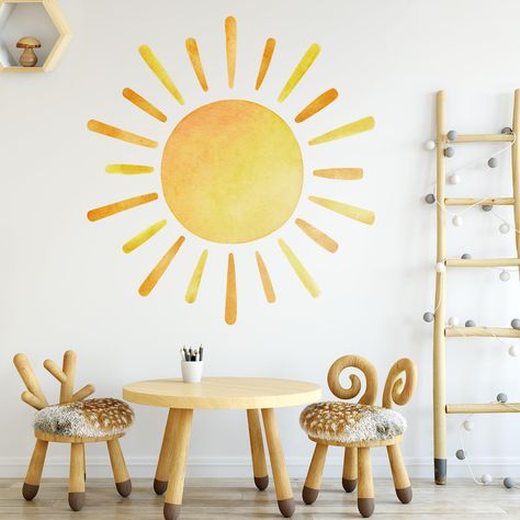 PRICES MAY VARY. 🔆【Sun Wall Decal Size】Finish size of boho sun decals on wall: 41.7” X 39.8”. To facilitate installation, we cut the decal into 2 PCS. Please align the sun center line to make a full mural. 🔆【Adorable Design】Sun Wall Decal features an artistic, painted sunshine design that's a perfect fit for classrooms, daycares, nurseries and bedrooms.This Sun Wall Decal comes in a variety of sizes to help you add some sunshine to any space. 🔆【Reliable Quality】this boho sun wall decal is mad Sunshine Wall Art, Yellow Sunshine, Playroom Nursery, Watercolor Boho, Boho Sun, Wall Decor Decals, Stil Boho, Bilik Tidur, Removable Wall Stickers