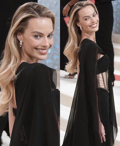 Met Gala 2023 Hairstyles, Margo Robbie Dark Hair, Met Gala Hair, Met Gala Hairstyles, Margot Robbie Met Gala, Margot Robbie Wedding, Margot Robbie Met Gala Hair, Margot Robbie Red Carpet Makeup, Margot Robbie Focus Hair