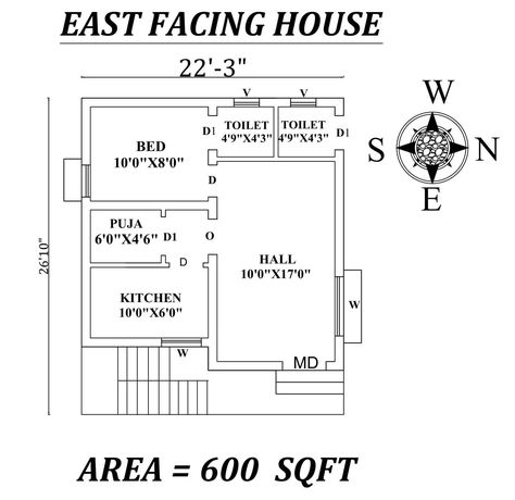 Autocad Drawing details of 22'x27' Single BHK East Facing House Plan As Per Vastu Shastra. The buildup area of this house is 600Sqft.Download Autocad Drawing Fi One Bhk Plan, 20x30 House Plans East Facing, 1bhk Layout, East Facing House Elevation G+1, 1 Bhk Plan, East Facing House Plan Vastu, 1bhk Plan, 1 Bhk House Plan, 1bhk House Plan