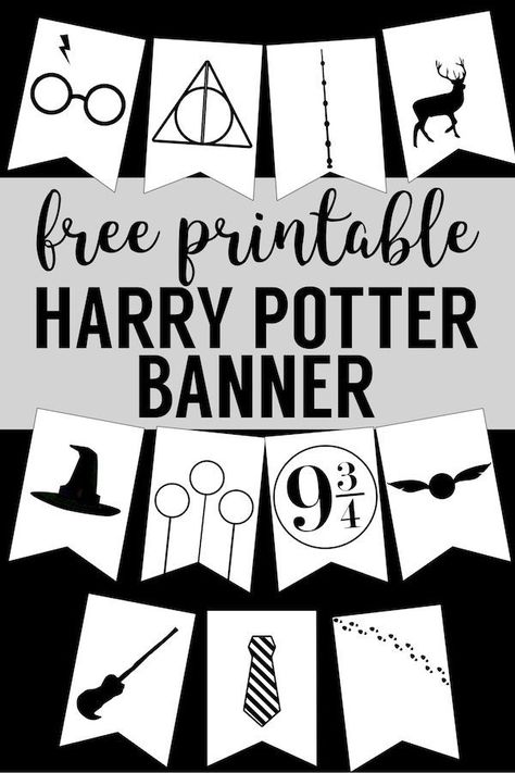 Harry Potter Banner Free Printable Decor. Harry Potter Hogwarts icon banner for party decor , bedroom decor or birthday party decorations. #papertraildesign #harrypotterparty #harrypotterbirthday #harrypotterprintables Pin The Scar On Harry Potter Printable, Harry Potter Motto Party, Harry Potter Weihnachten, Baby Harry Potter, Imprimibles Harry Potter Gratis, Harry Potter Banner, Harry Potter Birthday Party Ideas, Fanfiction Recommendations, Harry Potter Party Decorations