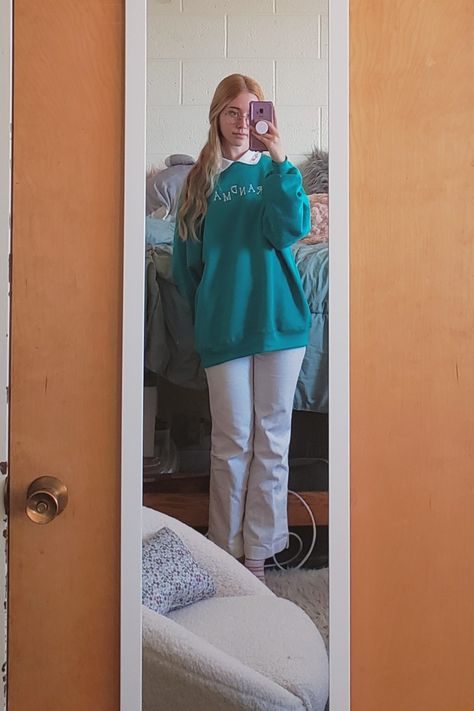 green teal grandma crew neck sweatshirt, white collar, white grandma letters, white pants Grandma Letters, Grandma Core, Sweatshirt White, White Pants, White Collar, Crew Neck Sweatshirt, Ruffle Blouse, Crew Neck, Collar