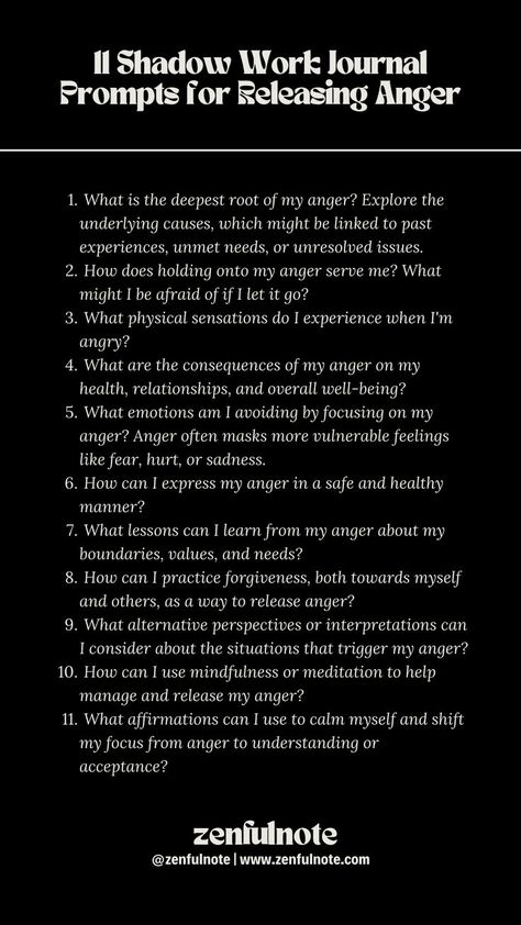 Releasing anger through shadow work involves understanding the root causes of your anger, acknowledging it, and then finding healthy ways to let it go. This process can lead to healing and transformation, helping you respond to future triggers with greater awareness and emotional intelligence. Releasing Anger, Shadow Work Journal Prompts, Work Journal Prompts, How To Release Anger, Shadow Work Journal, Healing Journaling, Daily Journal Prompts, Mental Health Facts, Work Journal